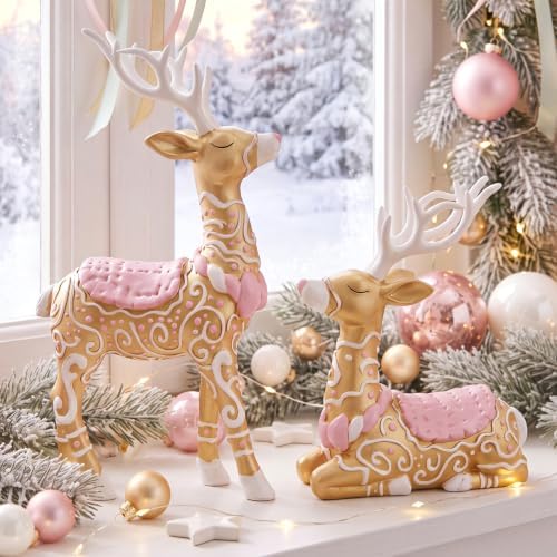 Amyhill 2 Pcs Pastel Gingerbread Christmas Reindeer Decor Resin Figurines
