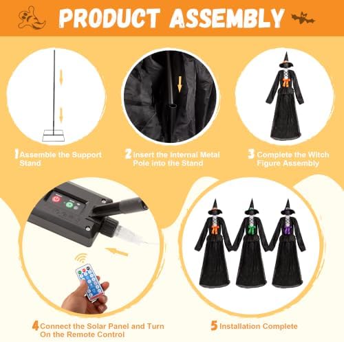 Halloween 65inch Light Up Witch Decoration Set of 3 Outdoor Graveyard Atmosphere Prop with Metal Base, Water-Proof Solar Powered Control Box & Remote LED Witches for Yard Haunted House Horror Decor