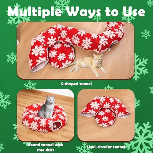 Cat Tunnel Christmas Tree Skirt,Christmas Tree Cat Tunnel for Indoor Cats,Cat Tunnels Tree Skirt,Soft Peekaboo Hideway Bed Cave Donut Toys Circle Tunnels for Kittens & Large Cats (Red)