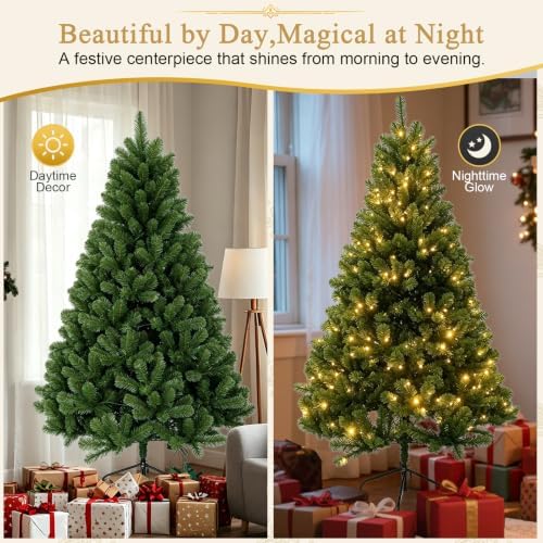 6FT Pre-Lit Green Artificial Christmas Tree with 300 Dual-Color LEDs, 9 Lighting Modes, 667 Branch Tips, Hinged Semi-Automatic Setup for Home, Office and Indoor Holiday Party Decor