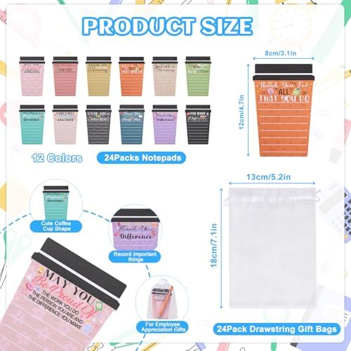 24 Set Employee Appreciation Gifts Bulk Team - 24 Pack Coffee Cup Notepad+24 Ballpoint Pens+ 24 Drawstring Gift Bags, Bulk Gifts for Coworkers/Staffs/Teachers/Christmas