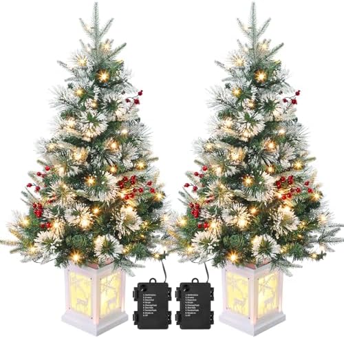 3ft Prelit Snow Flocked Christmas Tree with Light Up White Moose Box Base