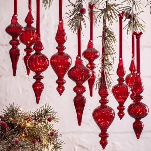 12 Pcs Vintage Glass Finial Christmas Ornaments, Burgundy Red