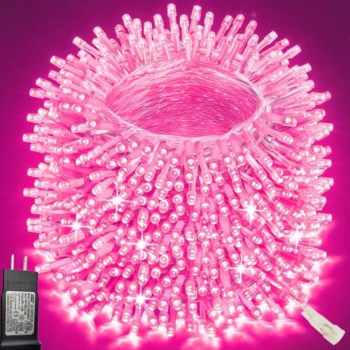 Pooqla 500 LED String Lights Indoor Outdoor, 164 ft Pink Christmas Lights Plug in with Timer, Connectable 8 Modes Waterproof Clear Wire Twinkle Fairy Lights for Wedding Xmas Tree Halloween Decor