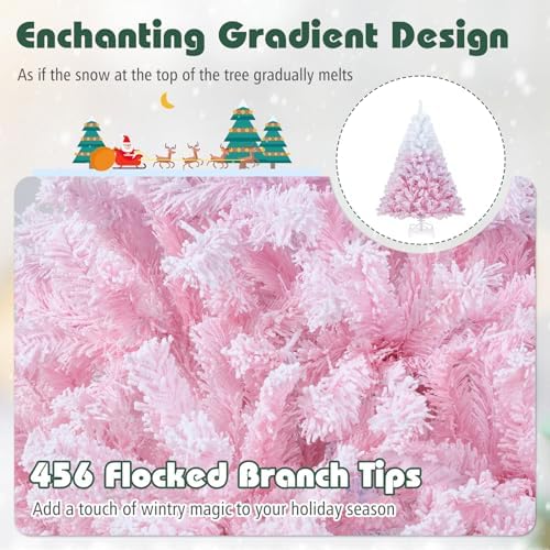 HAPPYGRILL 5 FT Pre-lit Flocked Christmas Tree Pink Hinged Xmas Tree with 456 Branch Tips, 180 Warm White LED Lights & Folding Metal Stand, for Home Office Carnival