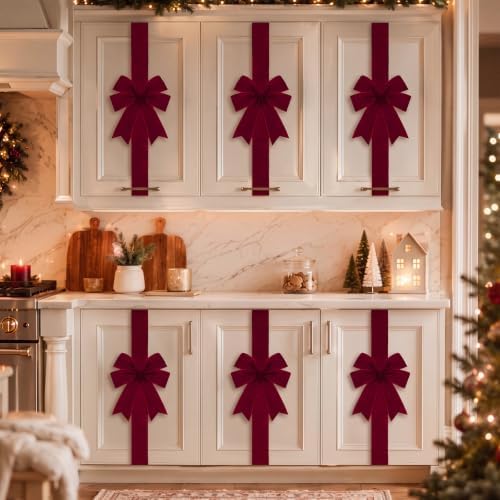 Daifunli 9 Pcs Burgundy Velvet Christmas Cabinet Bows Ribbons for Kitchen