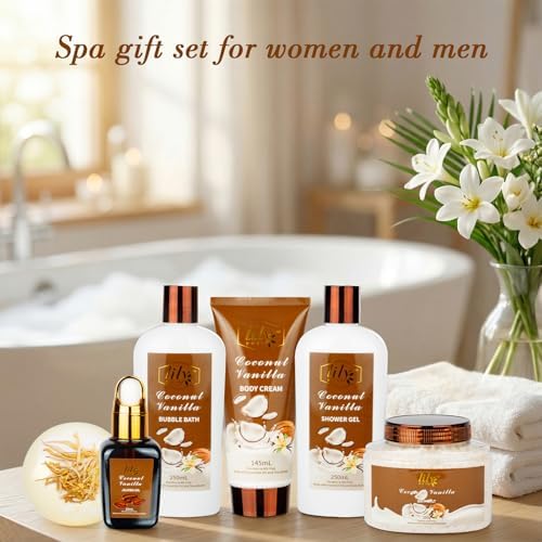 Coconut Vanilla Spa Gifts, 7Pcs Moisturizing Gift Set for Women & Men