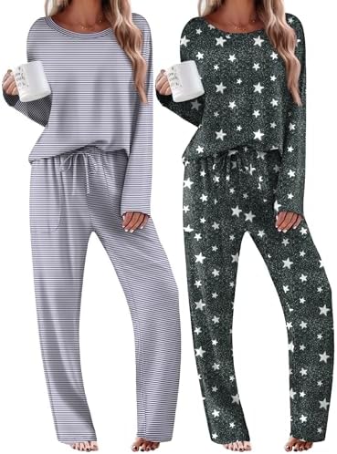 Ekouaer 2 Pack Womens Pajama Sets Long Sleeve Long Pants Pjs Loungewear