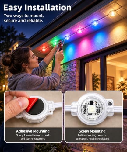 500Ft Permanent Outdoor Lights, RGB+IC Smart LED Eave Lighting with App/Remote Control,IP67 Waterproof,16 Million Colors,Scene Modes, DIY Music Sync, for Christmas, Holiday & Party Decor