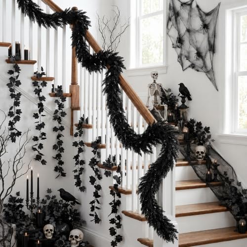 2 Pcs Black Halloween Cedar Garland with Maple Leaf Vine