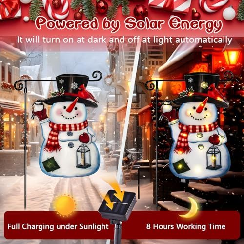 Lighted Christmas Snowman Garden Flag, 8 Modes Solar LED
