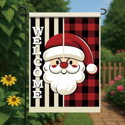 Christmas Santa Claus Garden Flag Welcome Sign Outdoor Yard Decoration Red Black Plaid Buffalo Check Holiday Banner Vertical Double Sided Winter Holiday House Lawn Decor 12 x 18 Inch