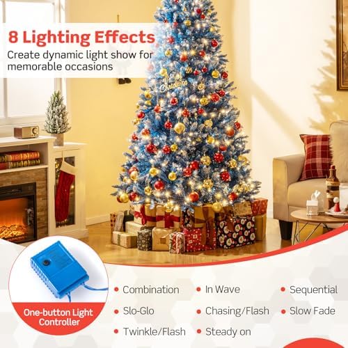 HAPPYGRILL 8 FT Pre-lit Christmas Tree Blue Hinged Artificial Xmas Tree with 420 Warm White LED Lights, 8 Modes, 1458 Frosted Branch Tips, Folding Metal Base, for Home Party Holiday