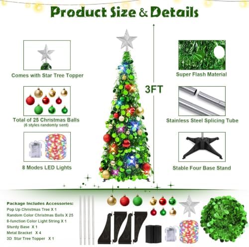 N&T NIETING Pop Up Christmas Tree with Lights, Collapsible Tinsel Xmas Tree Decorations, Pencil Christmas Tree Skinny Tree for Holiday Xmas Home Office Decor, 25 Balls, 3Ft, Green