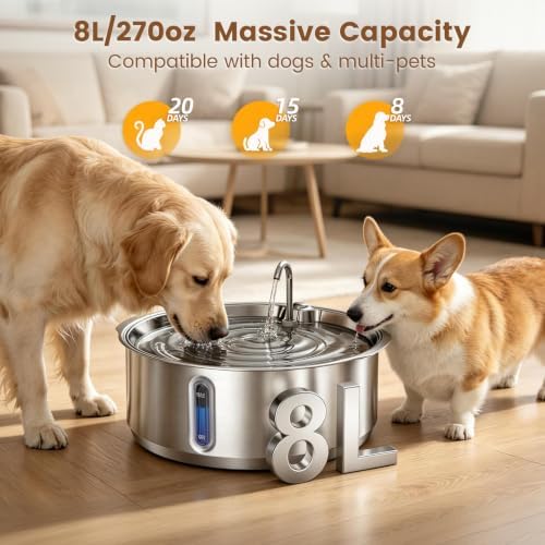 Invengo 8L/270oz Quiet Stainless Steel Dog Water Fountain, 2 Filters