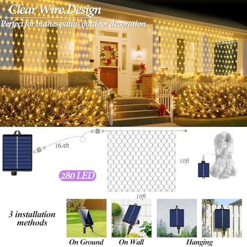10ft x 10ft Solar Net Lights, 280LED Gazebo Mesh Lights Solar & USB Powered, Waterproof Netting Lights 8 Modes Clear Wire for Bushes Patio Garden Christmas Holiday Party Outdoor Decor (Warm White)