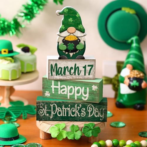Lineshading 4 Pcs St Patricks Day Tiered Tray Decor Wooden Gnome Blocks