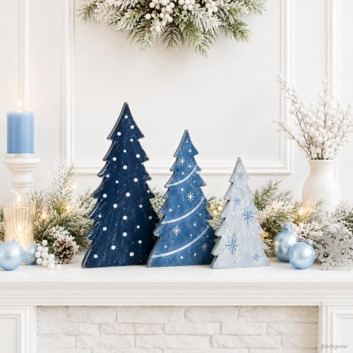 Christmas Table Decorations Blue Wooden Mini Xmas Tree Tiered Tray Decor