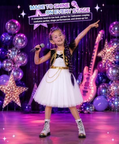 Halloween Costume Girls Pop Singer Costume Kids Cosplay Outfit Dress with Purple Braid Tattoo for Birthday Party