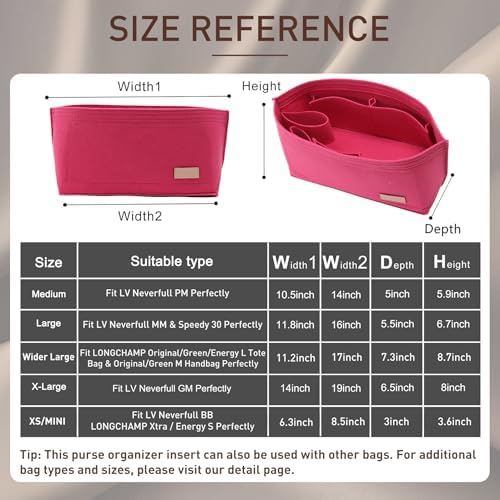 Doxo Purse Organizer Insert for Handbags & Base Shaper 2pc Set, Felt Neverfull GM Organizer Insert, Tote Bag Organizer with Zipper Pocket and Bottle Holder, Fit Neverfull GM and More, Rose-XL