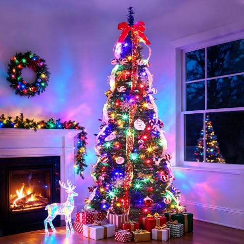 7 FT Prelit Pop Up Christmas Tree with 250 Warm White & Multicolor Lights 8 Modes & Timer Fully Decorated 103 Ornaments, Collapsible Pull Up Christmas Tree with Lights for Indoor Home Party Decor