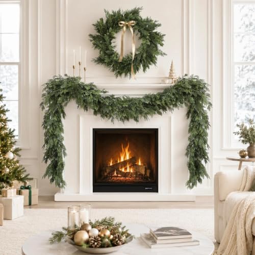 Christmas Garland 9FT Decorations Real Touch Cedar Cypress Pine Greenery Artificial Green Christmas Garland for Mantle, Fireplace, Table, Stairs, Door, Porch, Indoor Outdoor Decorations, 2Pcs