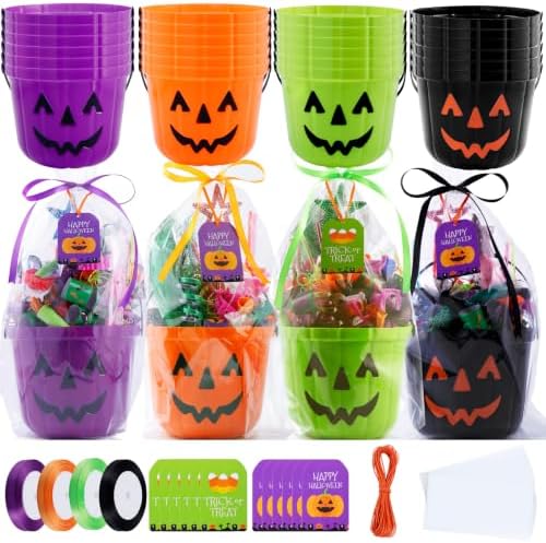24Pcs Halloween Candy Buckets Gift Sets,Plastic Trick or Treat Pail-4 Color