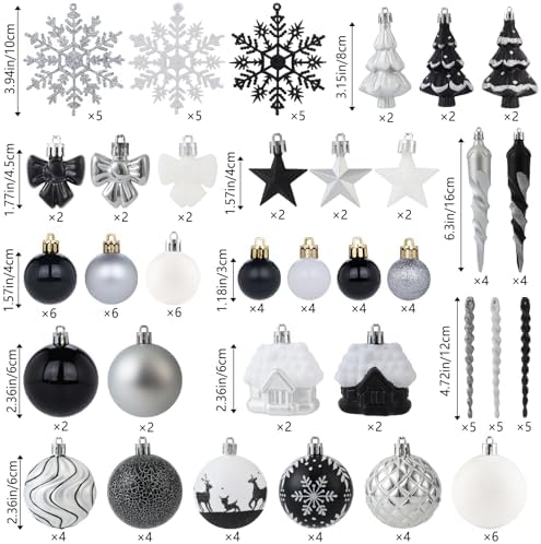 124Ct Black White and Silver Halloween Christmas Ornaments Set, Elegant Shatterproof Assorted Christmas Tree Decorations Snowflake Icicle House Ball Ornaments Baubles for Holiday (Black White Silver)