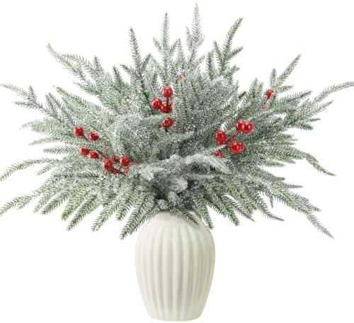 Watayo 35 Pcs Christmas Snow Norfolk Pine Branches with Red Berry Stems