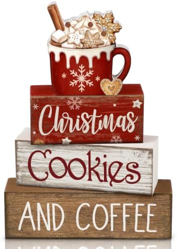 Lineshading 4 Pcs Christmas Coffee Table Decor, Hot Cocoa Wood Block Signs