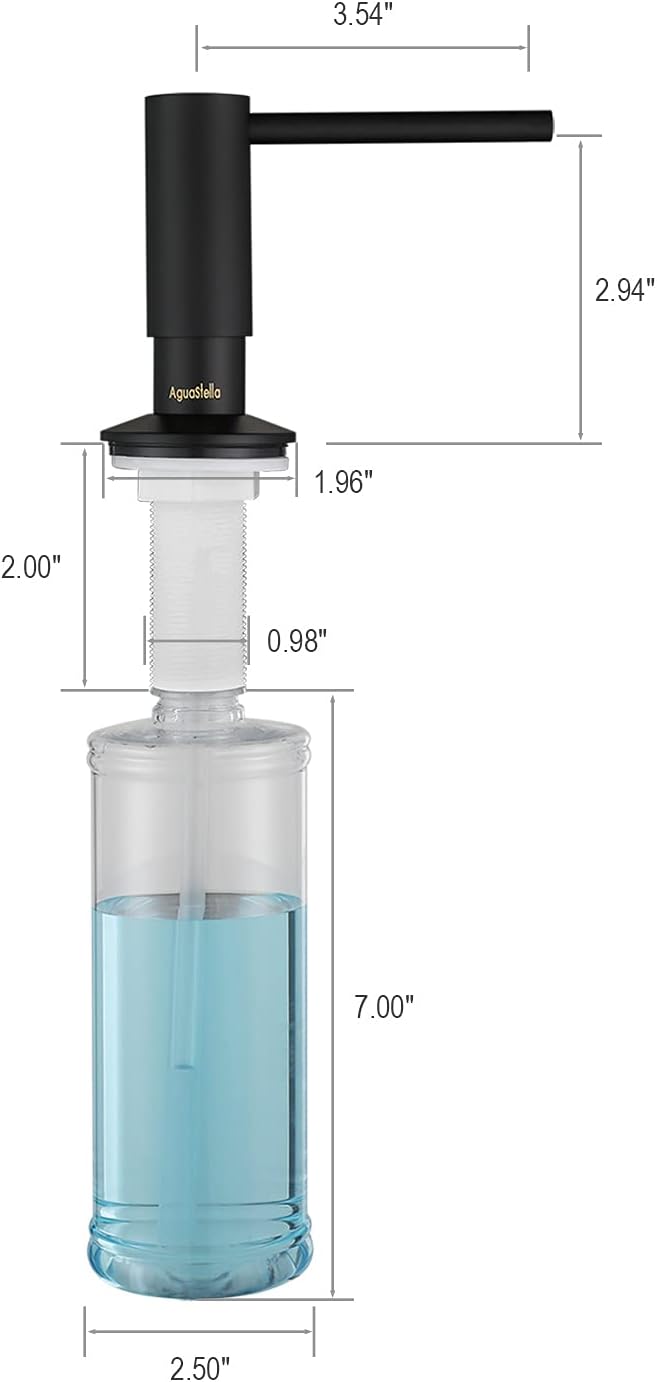 AguaStella ASF026MB Built in Soap Dispenser for Kitchen Sink Matte Black with Soap Bottle Countertop Pump