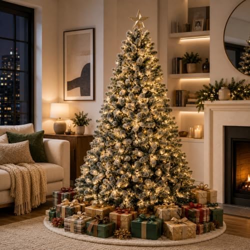 XtremepowerUS 6.5FT Pre-Lit Snow Flocked Artificial Christmas Tree with Warm White Lights, Snowy PVC Branch Tips & Gold Star Topper, Green & White Holiday Christmas Tree
