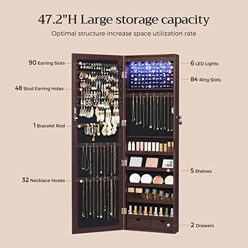 SONGMICS 6 LEDs Mirror Jewelry Cabinet, 47.2-Inch Tall, Lockable