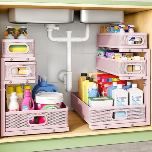 Kitstorack Under Sink Organizer, 2-Pack 3-Tier Height Adjustable Thickened Metal Pull out Cabinet Organizer Shelf, Slide out Storage Drawer Rack for Bathroom Kitchen Pantry Home Organization, Pink