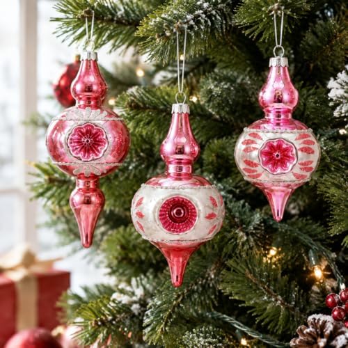 Soulchen 8 Pcs Vintage Glass Christmas Ornaments Pink Reflector for Tree