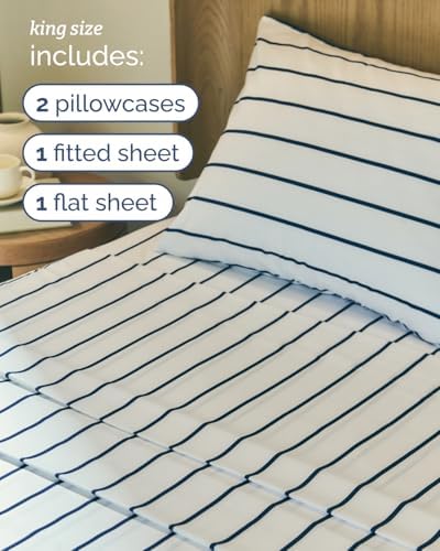 King 4 Piece Striped Sheet Set - Soft, Breathable & Cooling - Navy Stripe