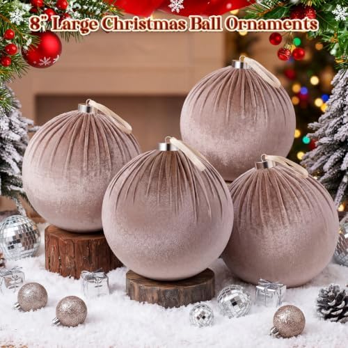 Weysat 6 PCS 8" Extra Large Velvet Christmas Ball Ornaments, Khaki