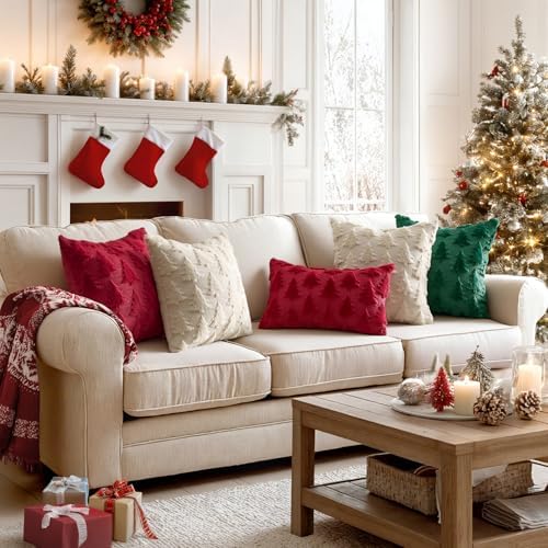 MIULEE Christmas Throw Pillow Covers Burgundy Red Christmas Decorations Set of 2 Xmas Tree 22x22 Pillow Covers Soft Plush Faux Wool Pillowcases Holiday Festivals Winter Home Decor Sofa Couch Bed Porch