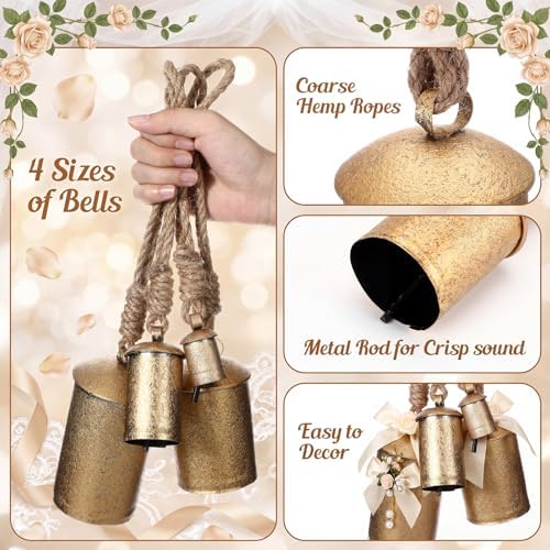 AceOrbit 12 Pcs Wedding Rustic Metal Cow Bells Set 1.75"/3"/4"/5" Hanging Vintage Giant Gold Christmas Harmony Bells on Jute Rope Vintage Farmhouse Xmas Tree Ornaments for Craft Wedding Decorations