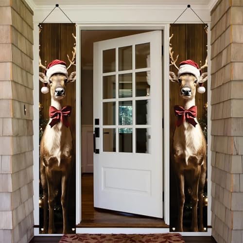 2PCS Christmas Porch Banner Decoration Reindeer Door Sign Hanging Decorations for Outdoor Indoor 71 x 12 Inch Front Door Xmas Decor Holiday Wall Fireplace Entryway Banner Party Supplies