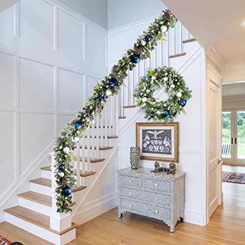 WANNA-CUL Pre-Lit 9ft Christmas Garland with Lights 50 LED Blue Baubles