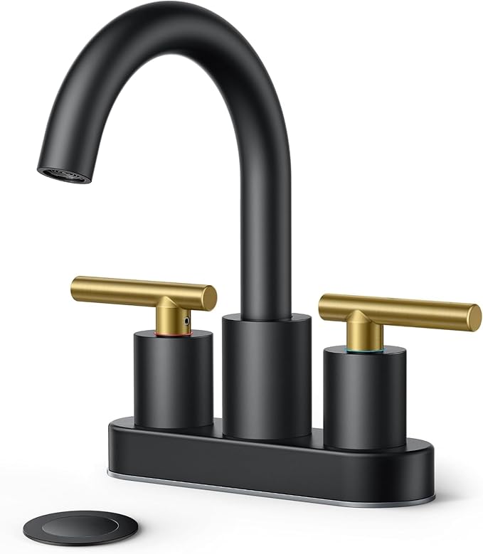 FORIOUS 4 in Black and Gold Bathroom Faucet Centerset, 2 Handle Matte Black Swivel Faucet for Bathroom Sink 2 or 3 Hole with Pop up Drain and cUPC Supply Hose, Suitable for Vanity RV Restroom