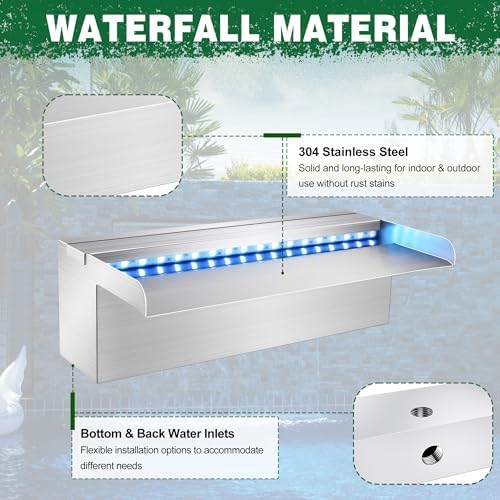 LONGRUN Waterfall Pool Fountain, Updated 5.9'' Wider Open Lip Stainless Steel Waterfall Spillway, Decorative Water Feature for Swimming Pools, Koi Ponds, Spa & Garden - 11.8''