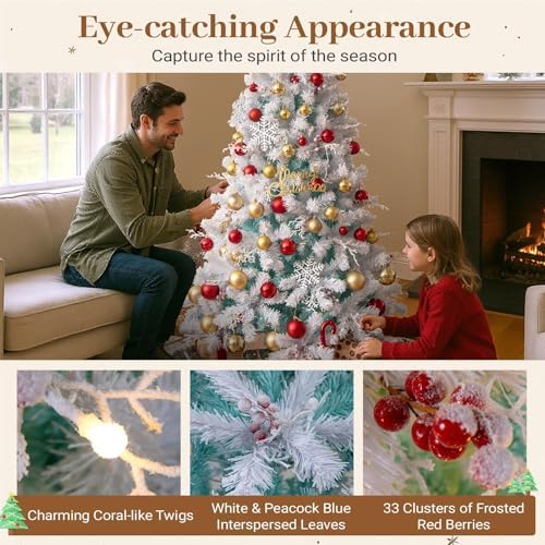 HAPPYGRILL 6FT Pre-lit Artificial Christmas Tree, Hinged Xmas Tree w/ 599 Snow Flocked Branch Tips, 250 Warm White LED Lights, White Twigs, Red Berries, Metal Stand