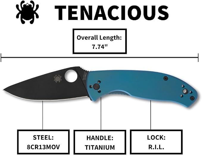 Spyderco Tenacious Folding Pocket Knife, PlainEdge | 7.74" Overall Length, 3.3" 8Cr13MoV Steel Blade, Blue, Titanium Handle, R.I.L Lock, Full-Flat Grind