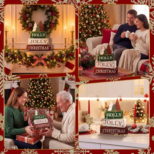 Moucuny 4 Pcs Christmas Table Decor, Jolly Christmas Tree Wooden Signs