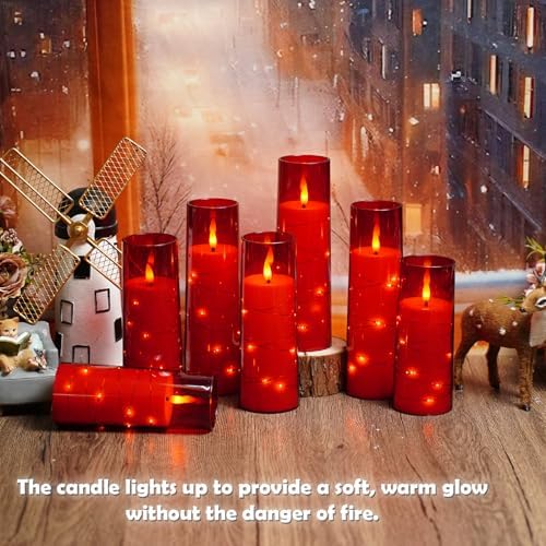 kakoya Flameless LED Candles with Timer 24 Pc Flickering Flameless Candles for Romantic Ambiance and Home Decoration Stable Acrylic Shell,with Embedded Star String，Battery Operated Candles（Red）