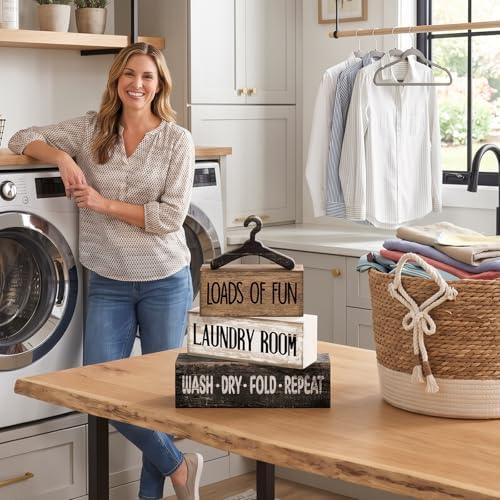 Moucuny 4 Pcs Laundry Room Decor Wooden Signs Rustic Farmhouse Block