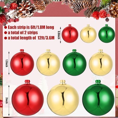 2 Pcs 6 ft Christmas Ball Ornament Garland, Red, Green, Gold