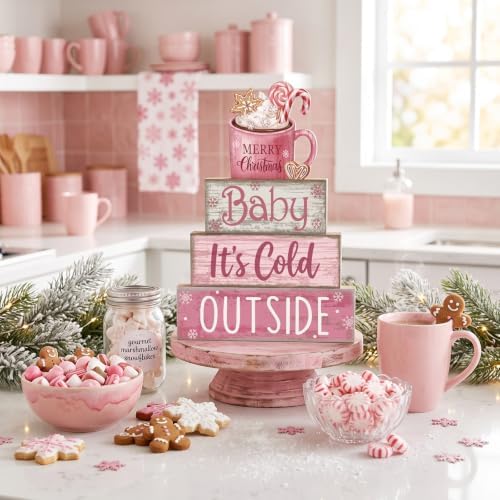 Moucuny 4 Pcs Pink Christmas Table Decor Wooden Hot Chocolate Cocoa Decor